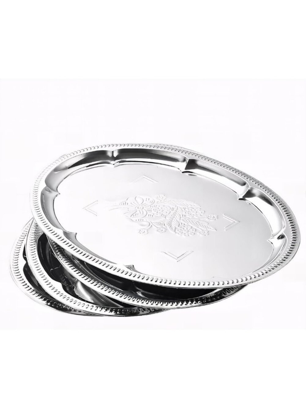 4-Pack Silver Serving Trays - Lightweight Oval Floral Platters for Parties